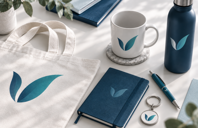 Individuelle Werbeartikel wie Tasse, Trinkflasche, Tasche, Notizbuch und Kugelschreiber