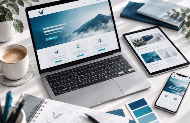 Laptop, Tablet und Smartphone mit responsivem Webdesign in Blau- und Türkistönen