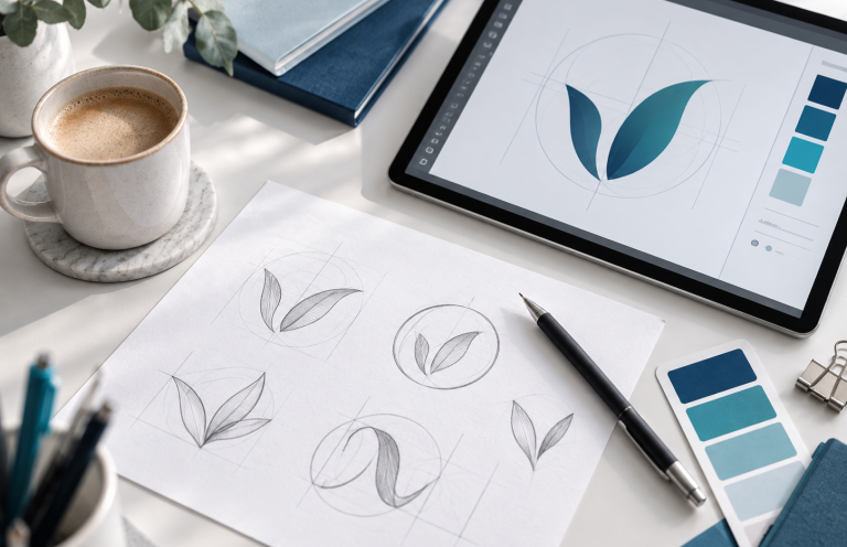 Logoentwicklung am Grafiktablet mit Skizzen und Farbfächern in Blau- und Türkistönen